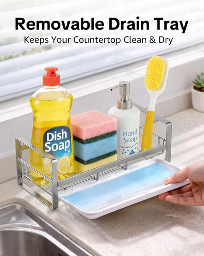 HULISEN Kitchen Sink Sponge Holder, 304 Stainless Steel Kitchen Soap Dispenser Caddy Organizer, Countertop Soap Dish Rack Drainer with Removable Drain Tray, not Including Dispenser and Brush