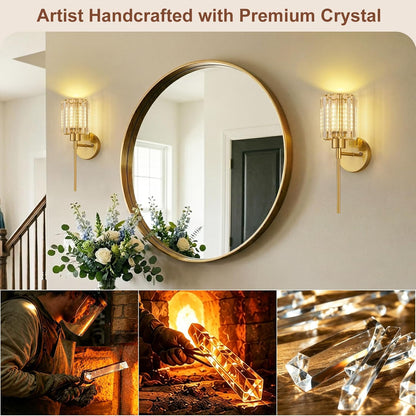 Crystal Battery Operated Wall Sconces, Brushed Gold Rechargeable Wireless Wall Sconce Lights with Dimmable Bulbs and Remote, 12 Colors and 3CCT Dimmable Crystal Lamps for Living Bedroom, 3000~6000K
