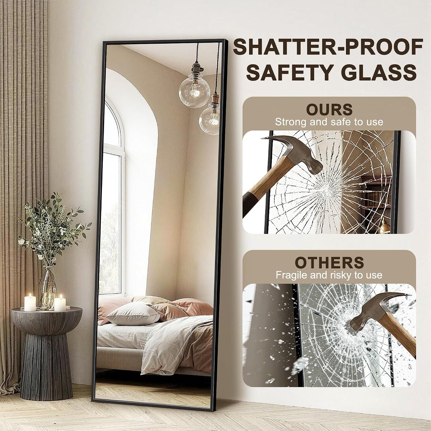FICTOR Full Length Mirror with Stand, Floor Standing Mirror Full Body, HD Shatterproof Black Frame Wall Mirror for Bedroom, Living Room, Dressing Room & Entryway, 56"x15"
