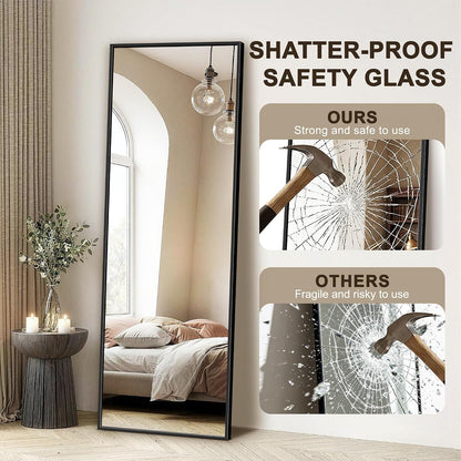 FICTOR Full Length Mirror with Stand, Floor Standing Mirror Full Body, HD Shatterproof Black Frame Wall Mirror for Bedroom, Living Room, Dressing Room & Entryway, 56"x15"