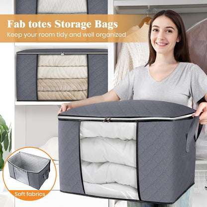 Fab totes 6 Pack Storage Bags for Clothes and Blanket, Foldable Closet Organizers and Storage with Zippers, Clear Window and Handles, Fabric Storage Bins for Sweater, Comforter, Bedding,Linen Sheets
