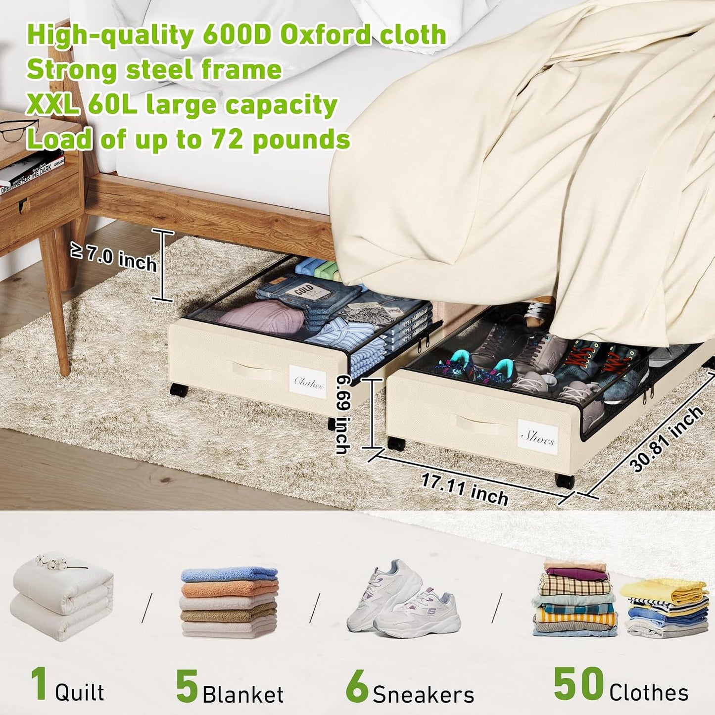 Tututry Under Bed Storage with Wheels, XXL 60L Under the Bed Storage Bins, Underbed Storage Containers with Lids & Label, Rolling Metal Drawer for Shoes, Clothes, Books, Toys (2-Pack Gray)