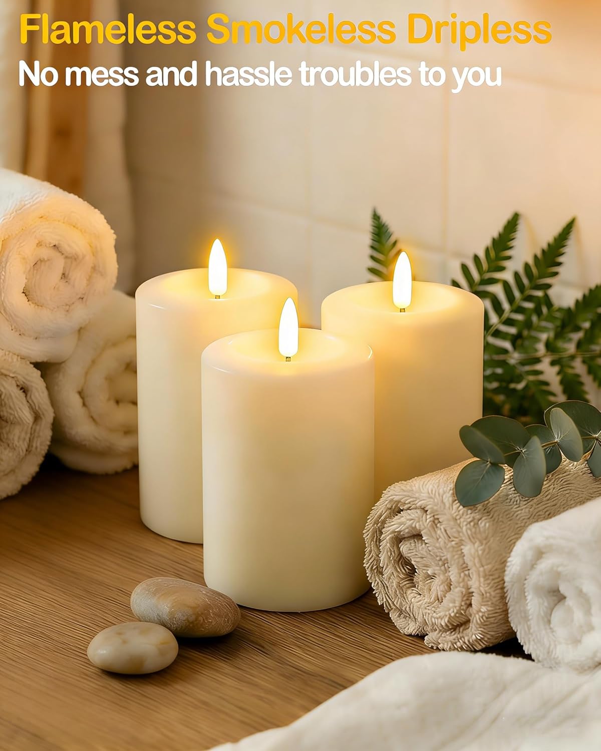 Gmnee 3"x4" Flickering Flameless Candles with Remote Timer, Real Wax, Ivory Pillar Candles, Set of 3 Fake LED Battery Operated Candles for Home, Fireplace, Centerpiece, Rustic and Farmhouse Decor