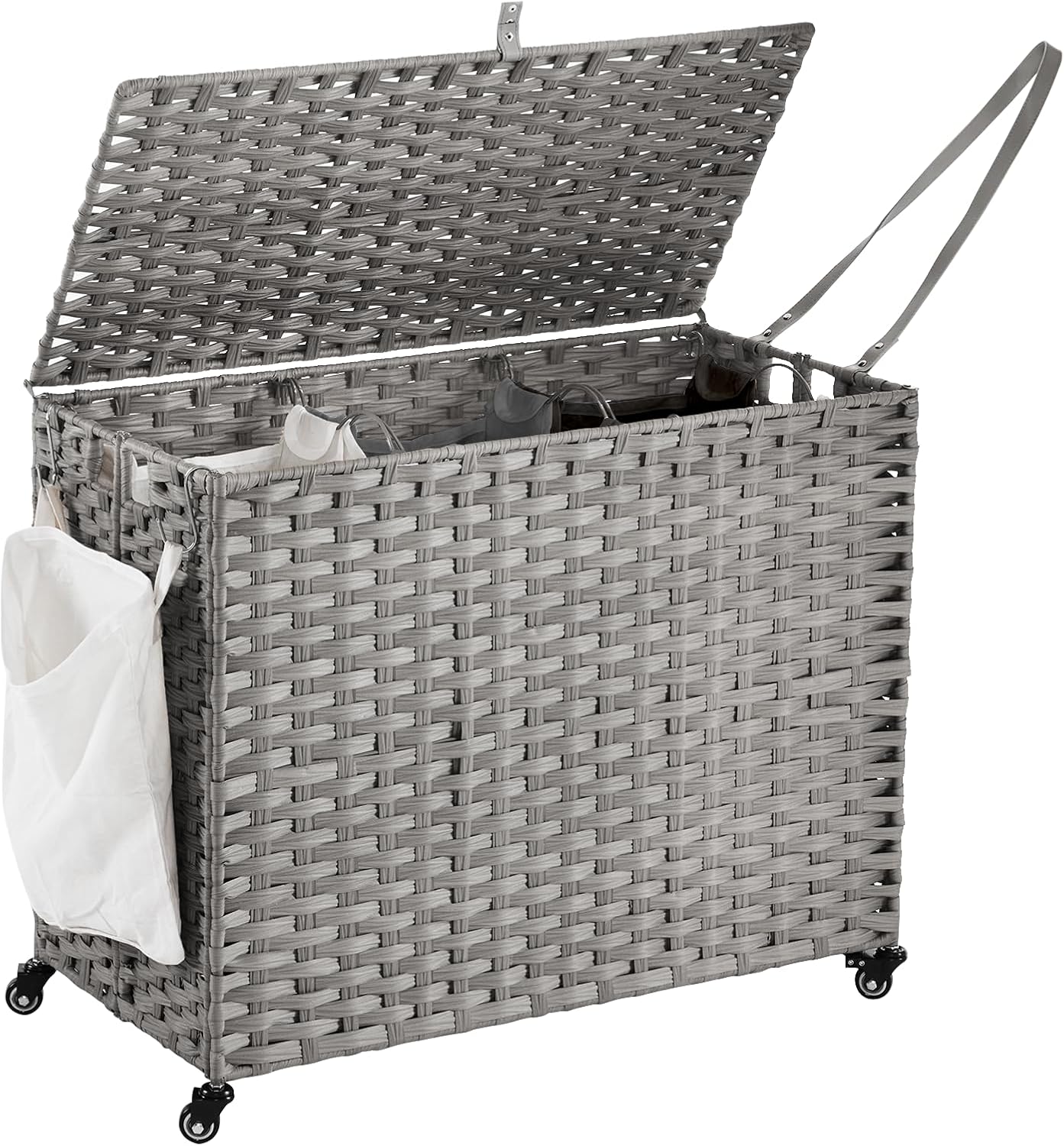 Laundry Hamper with Wheels, 52.8 Gallon(200L) Rolling Laundry Basket with Lid, Removable Large 3 Color Liners & 3 Mesh Laundry Bags, Clothes Hamper with Side Pocket, Natural