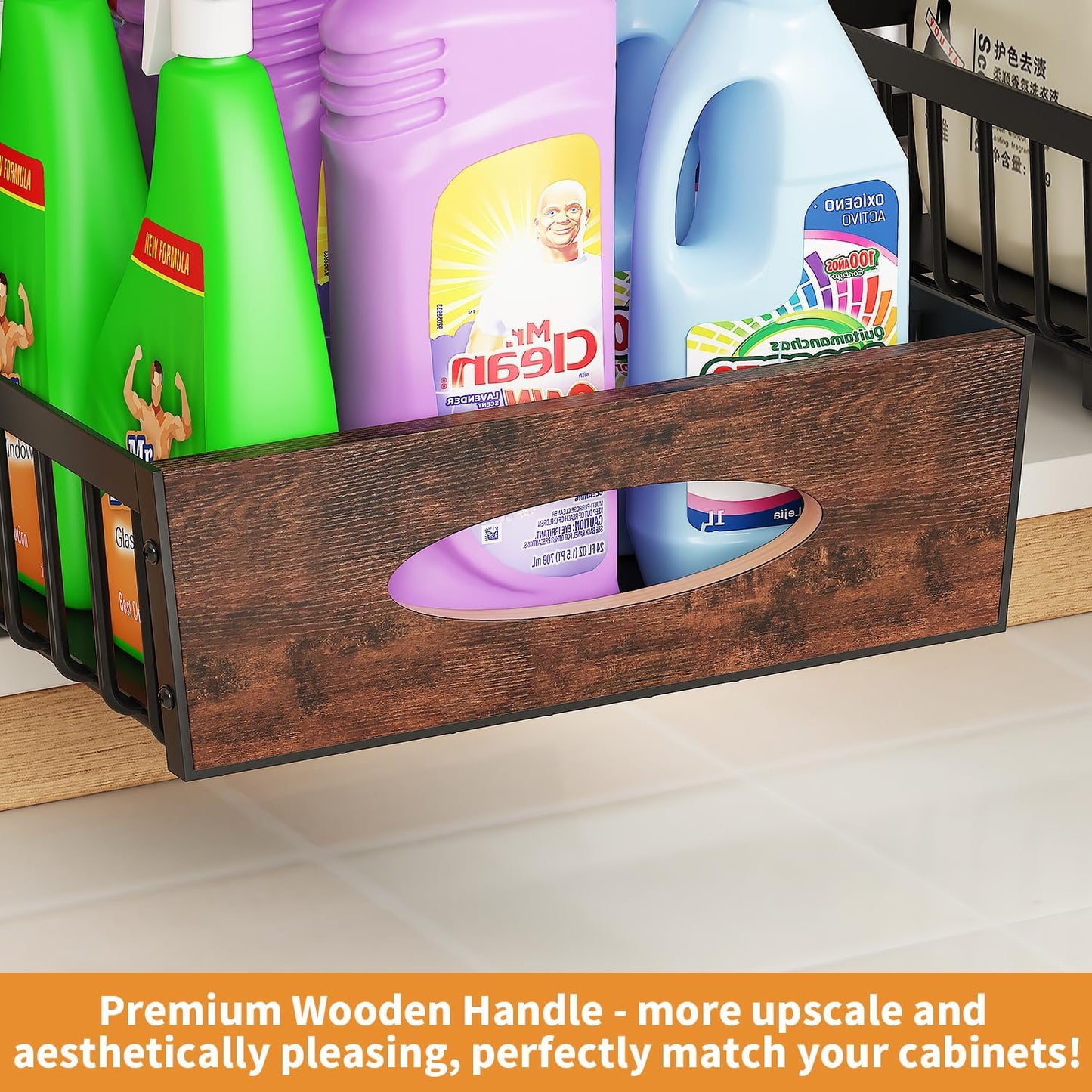 2-Tier Under Sink Organizer with Wooden Drawer Handle, 2 Pack Adjustable Height Pull Out Cabinet Organizer Shelf,Slide out Storage Drawer Rack for Kitchen Bathroom Laundry Room Pantry (Black)