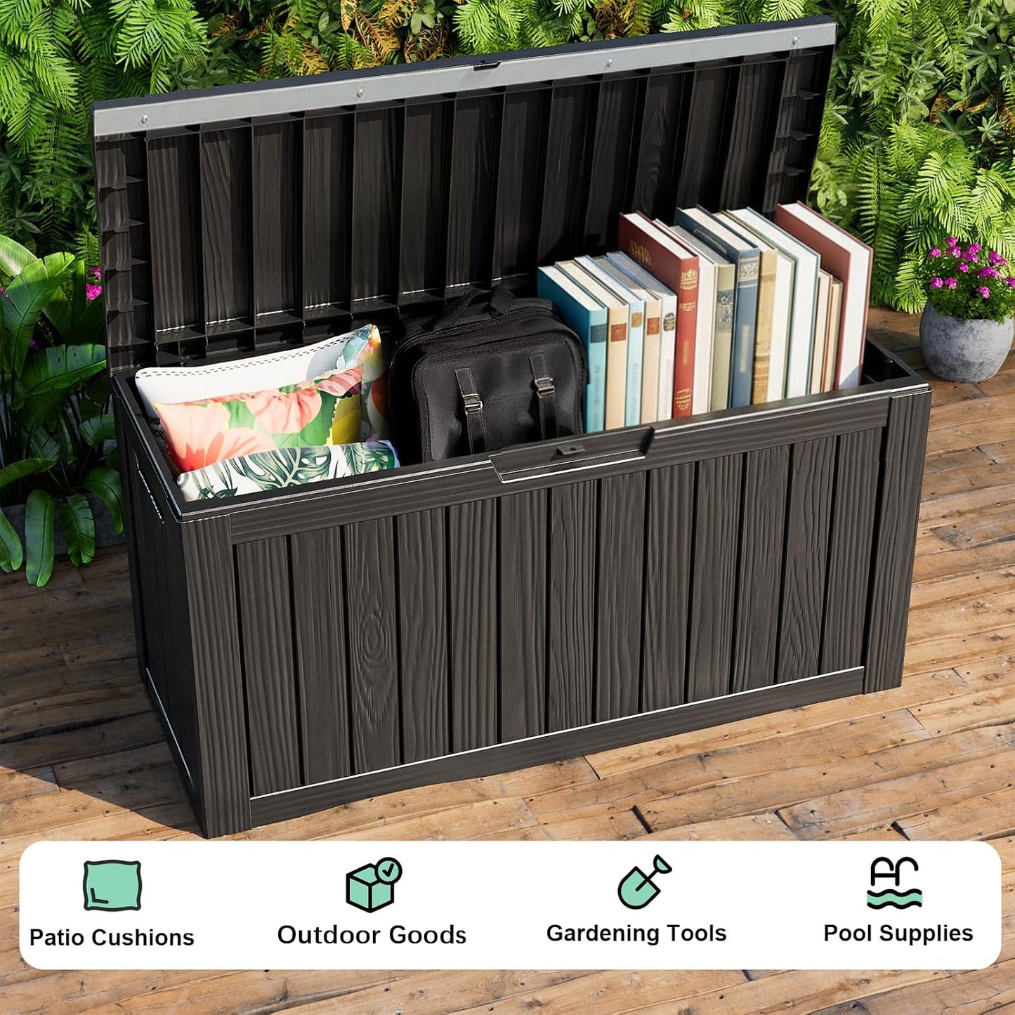 125Gal Outdoor Storage Box, Lockable Deck Box with Hydraulic Lid | Waterproof UV-resistant, Durable outdoor bin for patio cushions, pool accessories & garden tools. Keeps contents secure & dry