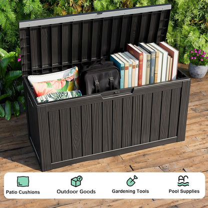 125Gal Outdoor Storage Box, Lockable Deck Box with Hydraulic Lid | Waterproof UV-resistant, Durable outdoor bin for patio cushions, pool accessories & garden tools. Keeps contents secure & dry