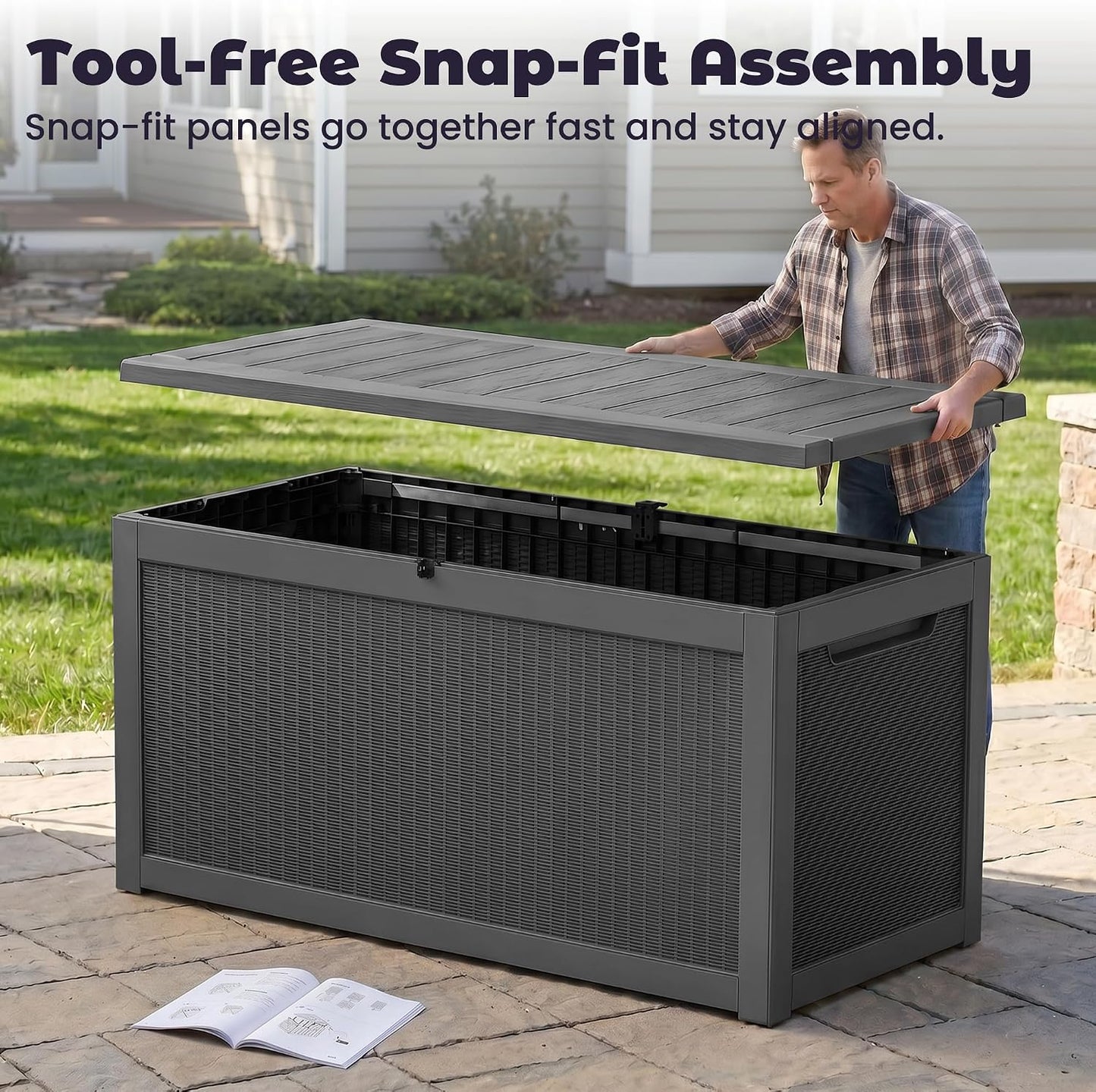 PatioZen 50 Gallon Deck Box Outdoor, Weatherproof Resin Patio Storage Box, Waterproof Outdoor Storage Boxes with Lid Lockable for Cushions, Garden Tools,Grey