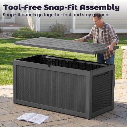 PatioZen 50 Gallon Deck Box Outdoor, Weatherproof Resin Patio Storage Box, Waterproof Outdoor Storage Boxes with Lid Lockable for Cushions, Garden Tools,Grey