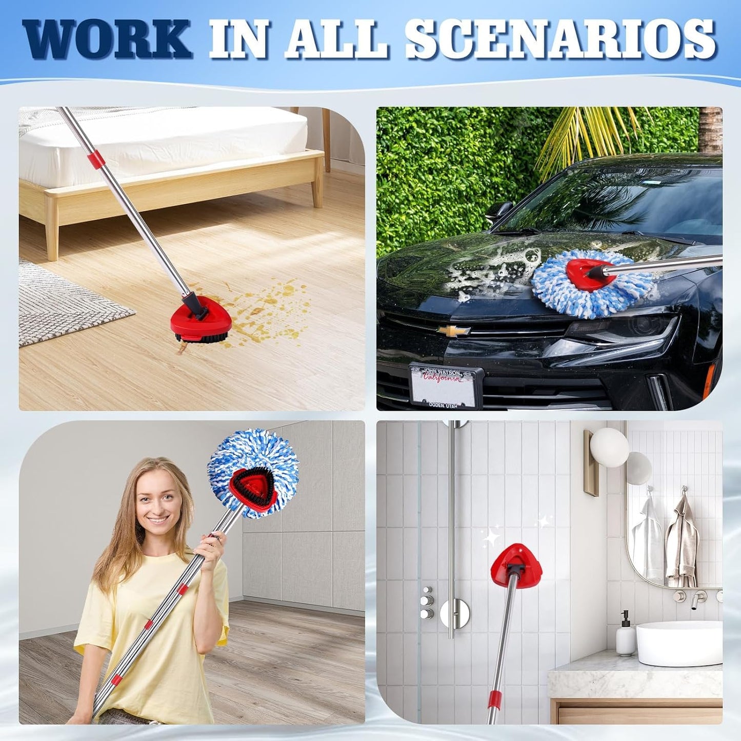 Spin Mop Head Refills Compatible with OCedar RinseClean 2-Tank System - 6-in-1 Kit Includes 4 Microfiber Replacement Heads, 1 Mop Base & 1 Scrub Brush - Machine Washable Floor Cleaning Set