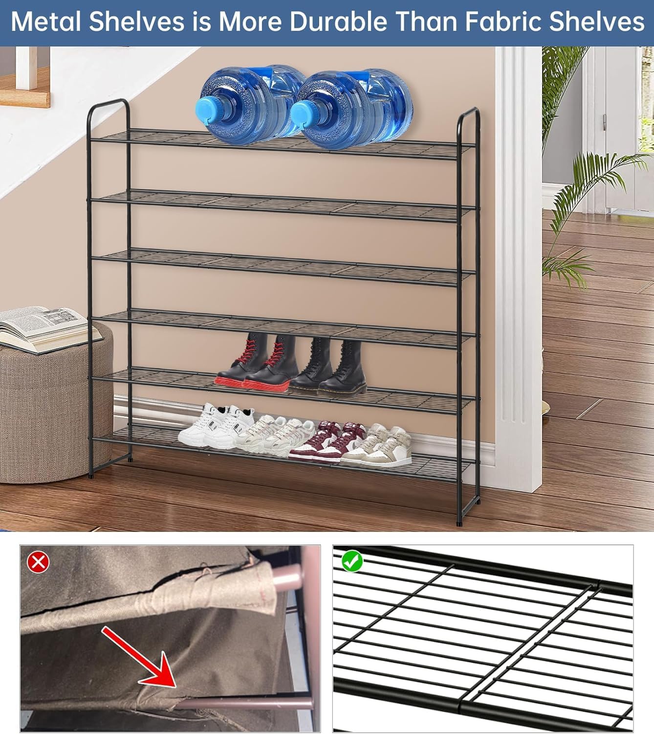 KEETDY 3-Tier Long Shoe Rack for Closet Metal Shoe Organizer for Entryway, Wide Stackable Shoe Storage Shelf with Sturdy Wire Grid for Closet Floor, Bedroom, Black