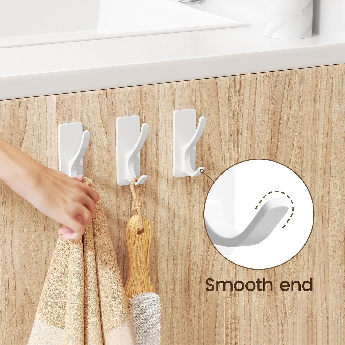 pickpiff White Self Adhesive Coat Hooks for Hanging: 13LB Extra Strong Stainless Wall Hook for Towel, Utensil, Backpack, Hat, Sturdy Metal Hanger for Bathroom, Kitchen, Door, 4-Pack