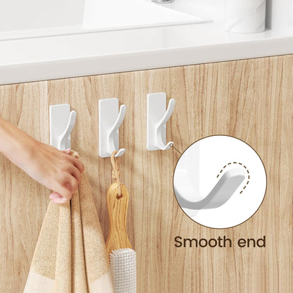 pickpiff White Self Adhesive Coat Hooks for Hanging: 13LB Extra Strong Stainless Wall Hook for Towel, Utensil, Backpack, Hat, Sturdy Metal Hanger for Bathroom, Kitchen, Door, 4-Pack