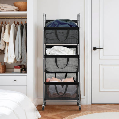 STO STO 3-Tier Vertical Laundry Hamper with Wheels, 120L Rolling Laundry Sorter with 3 Removable Breathable Mesh Bags, Rust-Resistant Steel Frame for Small Spaces, Apartment, Dorm, Black Mesh