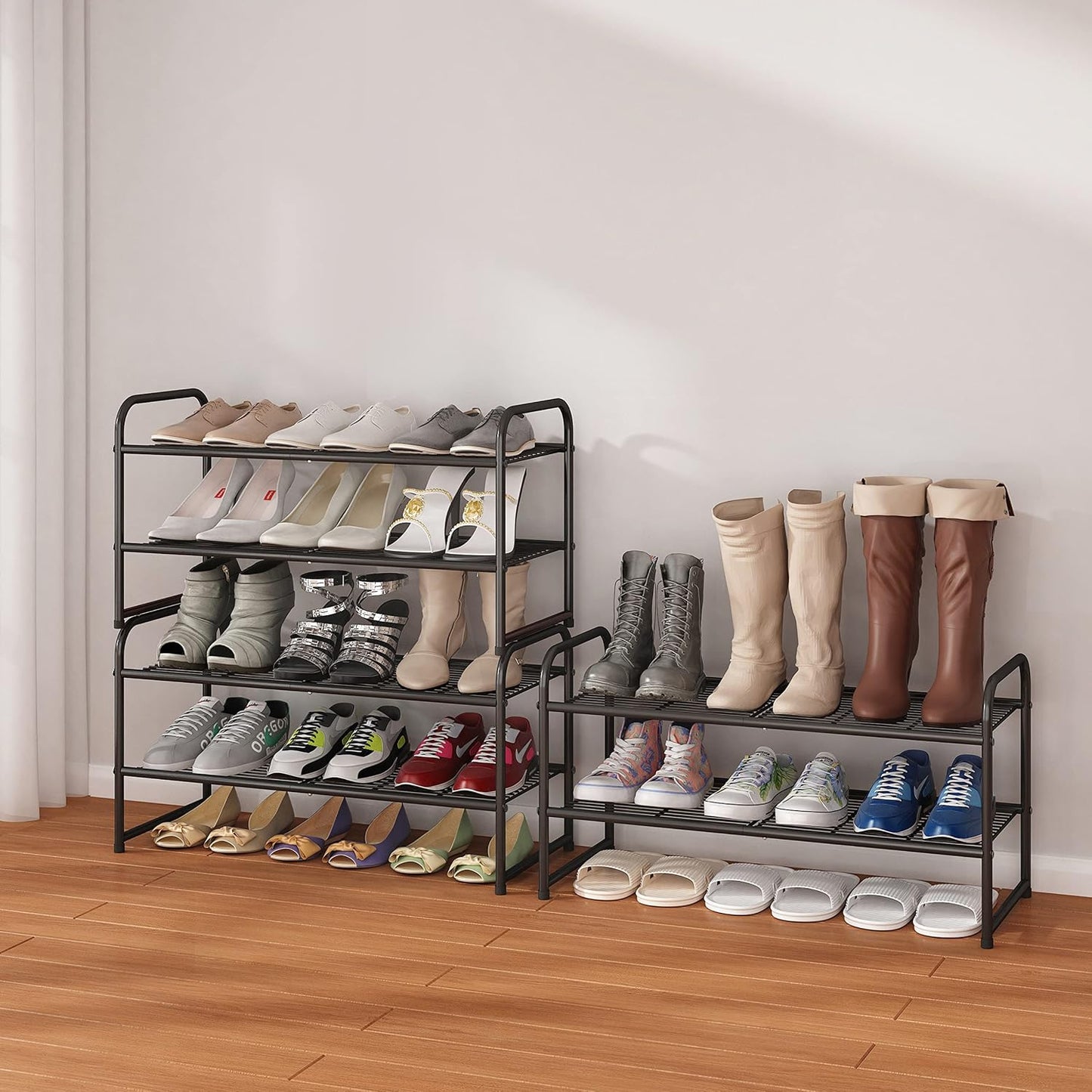 Simple Trending 3-Tier Stackable Shoe Rack, Expandable & Adjustable Shoe Shelf Storage Organizer, Wire Grid, Black