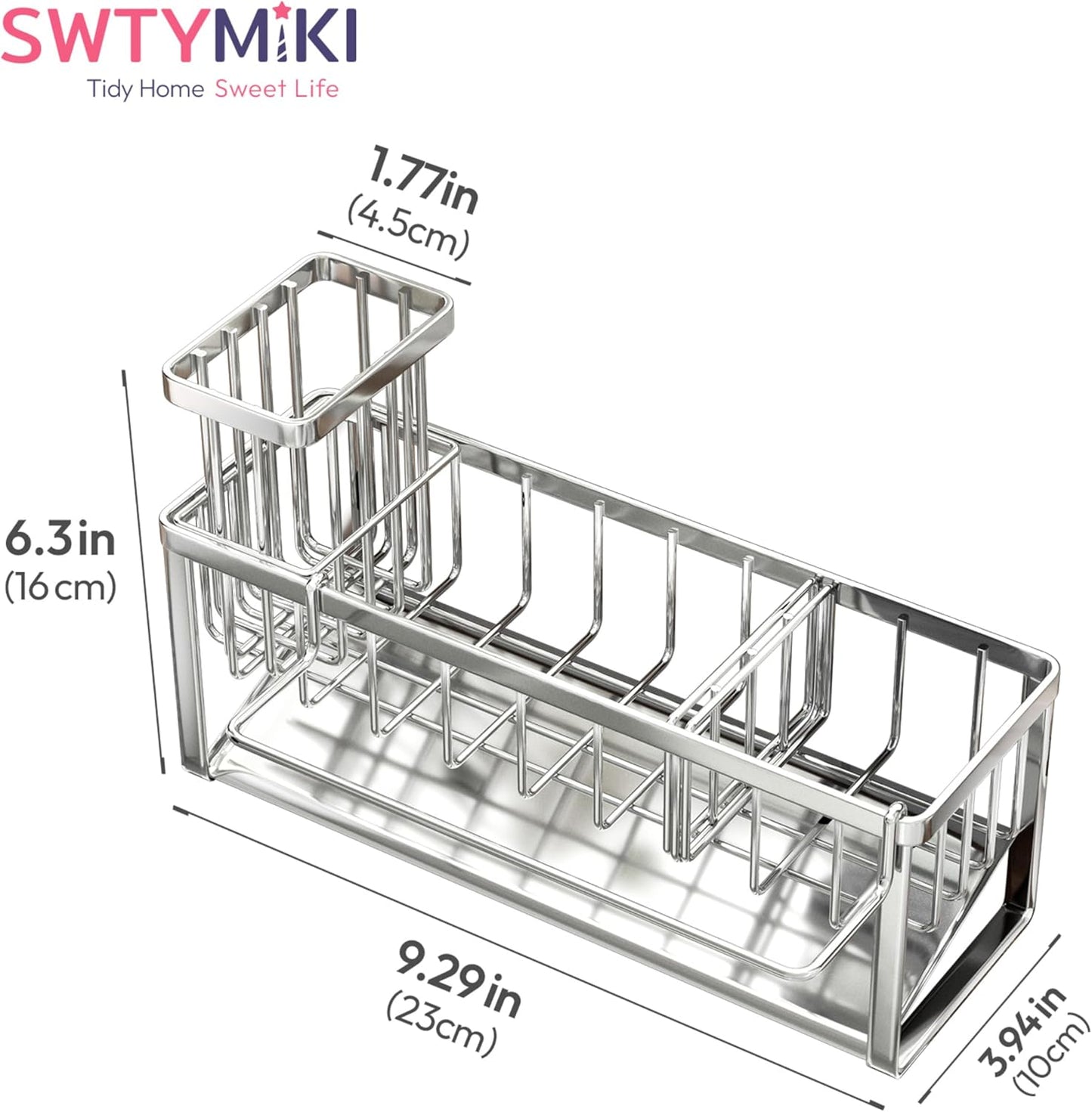SWTYMIKI Sponge Holder for Kitchen Sink - Sink Caddy with Brush Holder and Stainless Steel Self Drain Tray, Sponge Caddy Organizer with Divider Kitchen Accessories Storage for Countertop, Black