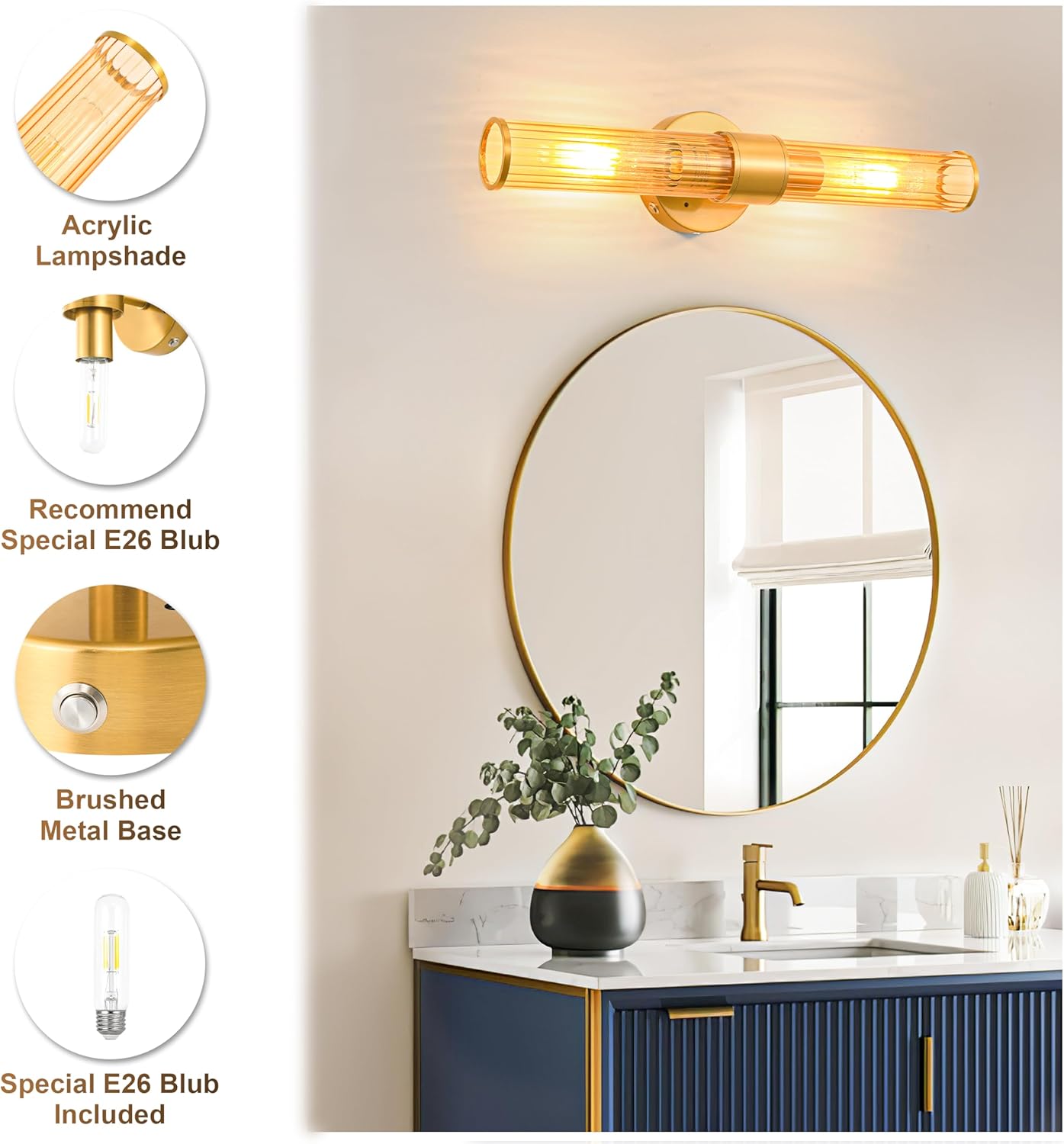 Morauroral Gold Battery Operated Wall Sconces Set of Two, Rechargeable Wall Sconce with Dimmable Remote Control, 20 Inch Wireless Sconce Wall Light for Bedroom, Living Room (Bulbs Included)