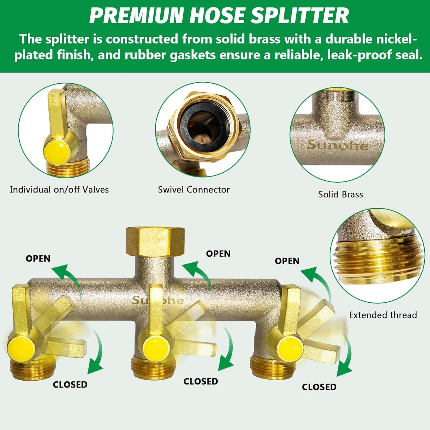 Garden Hose Splitter, Water Hose Splitter 2 Way Heavy Duty Brass Nickel Plated, Extended Metal Handle 3/4-Inch Hose Manifold, Rust and Freeze Resistant High Flow Outdoor Faucet Splitter