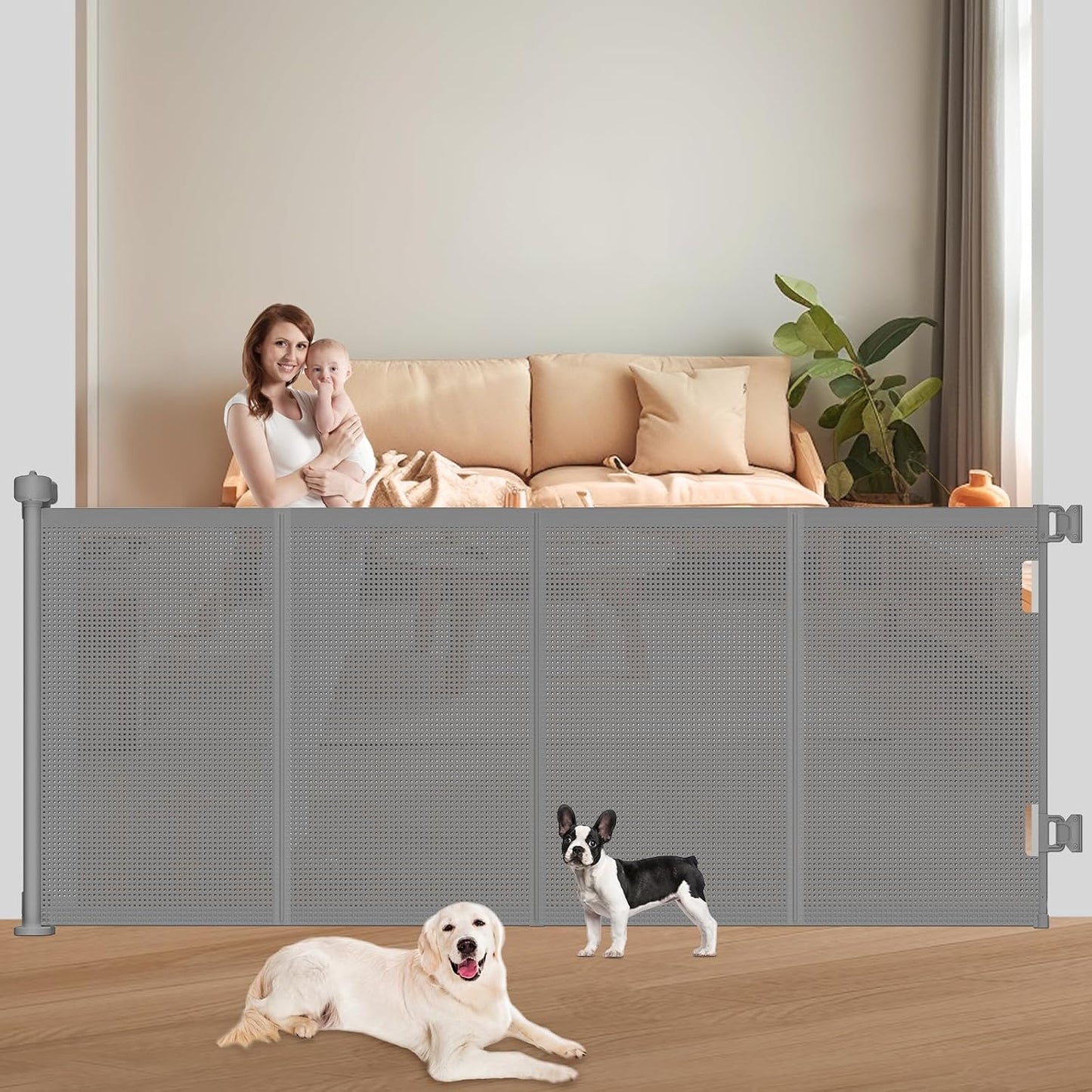 Pawtners Retractable Baby Gates Extra Wide, 41" Tall Extends up to 71" Wide, Dog Gate Indoor for Stairs, Pet Gate with Support Rods for Doorways Hallways Indoor & Outdoor-Black