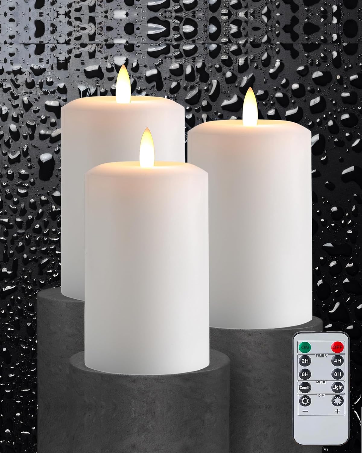 Gmnee 3"x4" Flickering Flameless Candles with Remote Timer, Real Wax, Ivory Pillar Candles, Set of 3 Fake LED Battery Operated Candles for Home, Fireplace, Centerpiece, Rustic and Farmhouse Decor