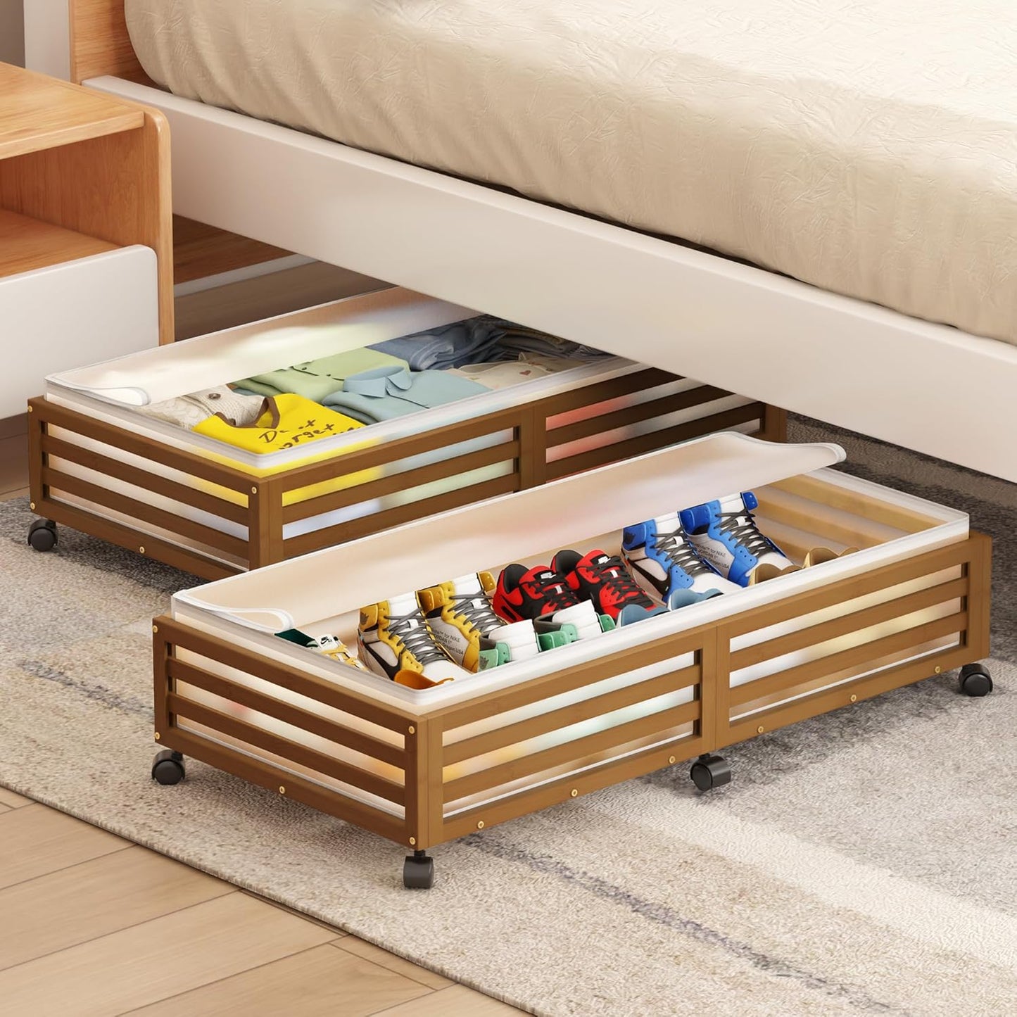 Under Bed Storage Containers With Wheels - 2 Pcs Bamboo Wood Rolling Underbed Shoe Storage Bins With Dust Bags for Clothes Blankets, Duvet Covers Snacks Toys (Natural)