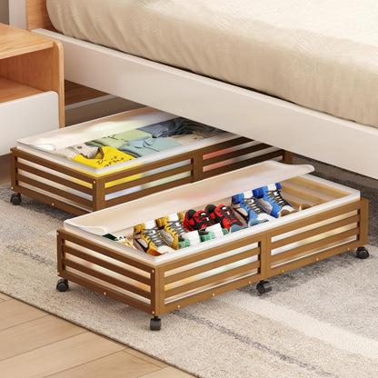 Under Bed Storage Containers With Wheels - 2 Pcs Bamboo Wood Rolling Underbed Shoe Storage Bins With Dust Bags for Clothes Blankets, Duvet Covers Snacks Toys (Natural)