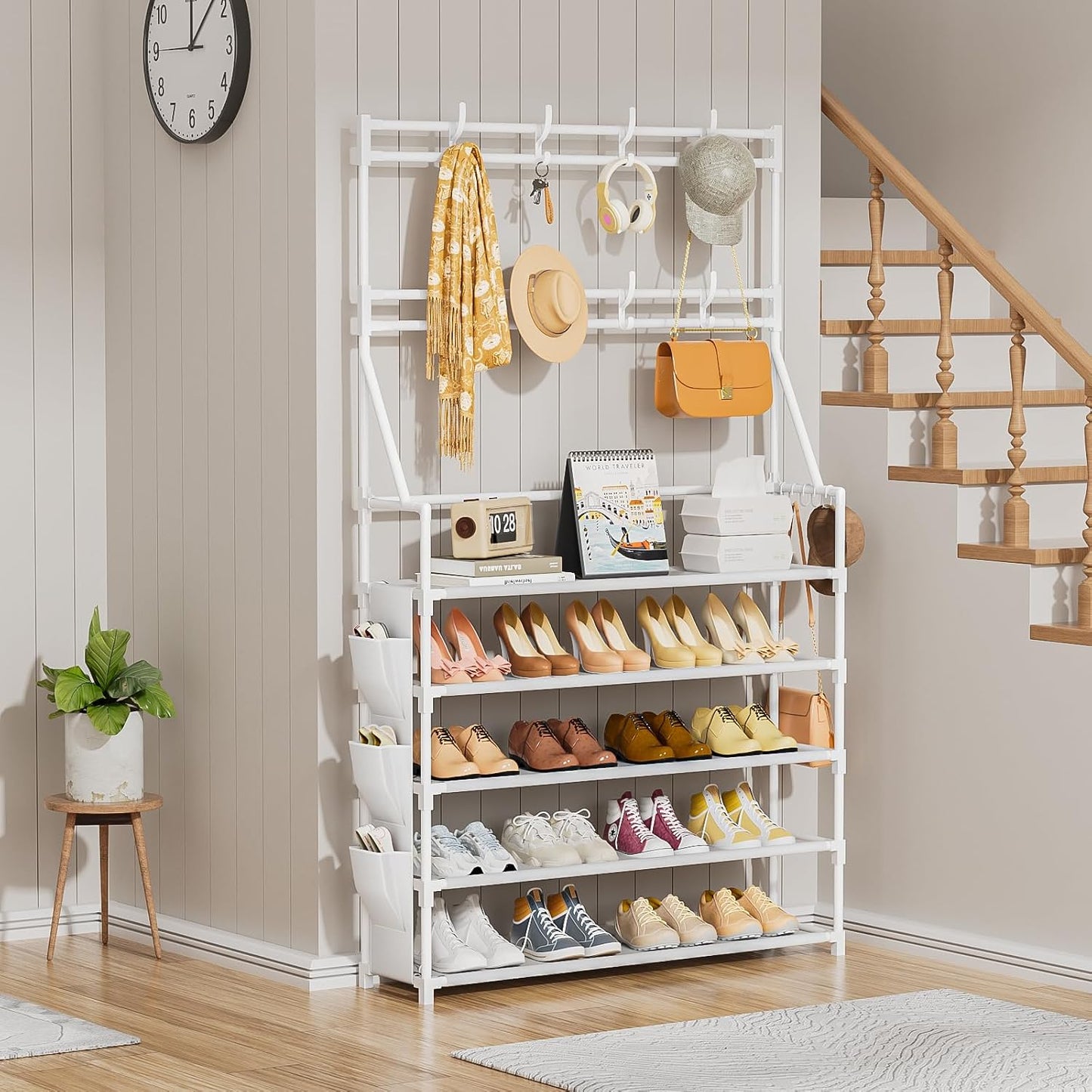 OYREL Shoe Rack, 5 Tier Shoes Storage Organizer, with Functional Hooks and Side Pocket, 20-25 Pairs, for Closet/Entrance/Entryway, Sneaker and Boot Stackable Free Standing Shoe Rack