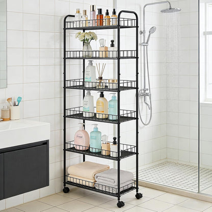 10in 6-Tier Slim Storage Cart with Wheels, Metal 10in Wide Black Narrow Rolling Shelf, Sturdy Slim Storage with Hooks Ideal for Kitchen, Bathroom, and Laundry Room