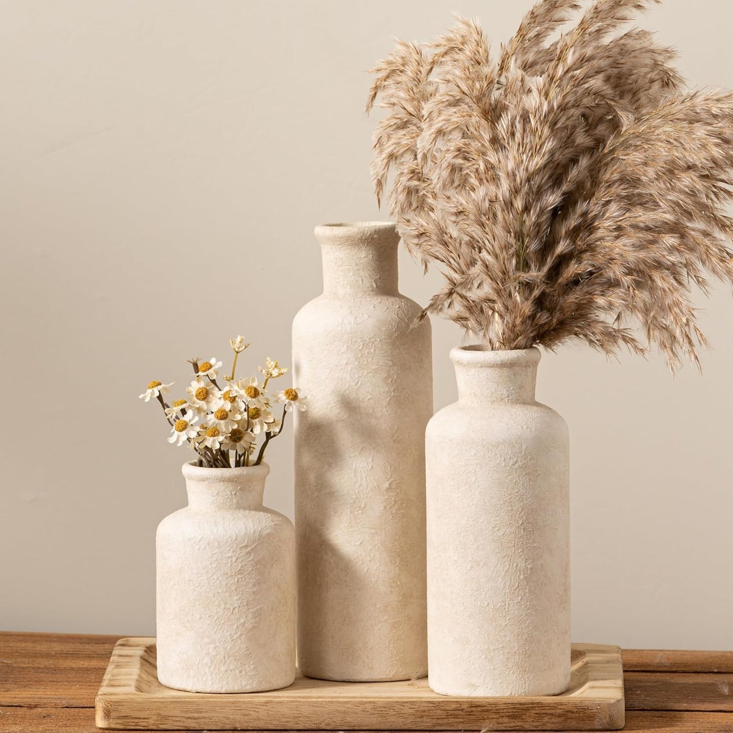 Ceramic Vase Set of 3, Neutral Flower Vases Home Decor, Pottery Rustic Farmhouse Decorative Vases Modern Decor for Table Mantel Entryway Bookshelf Living Room Kitchen Bedroom - Brown