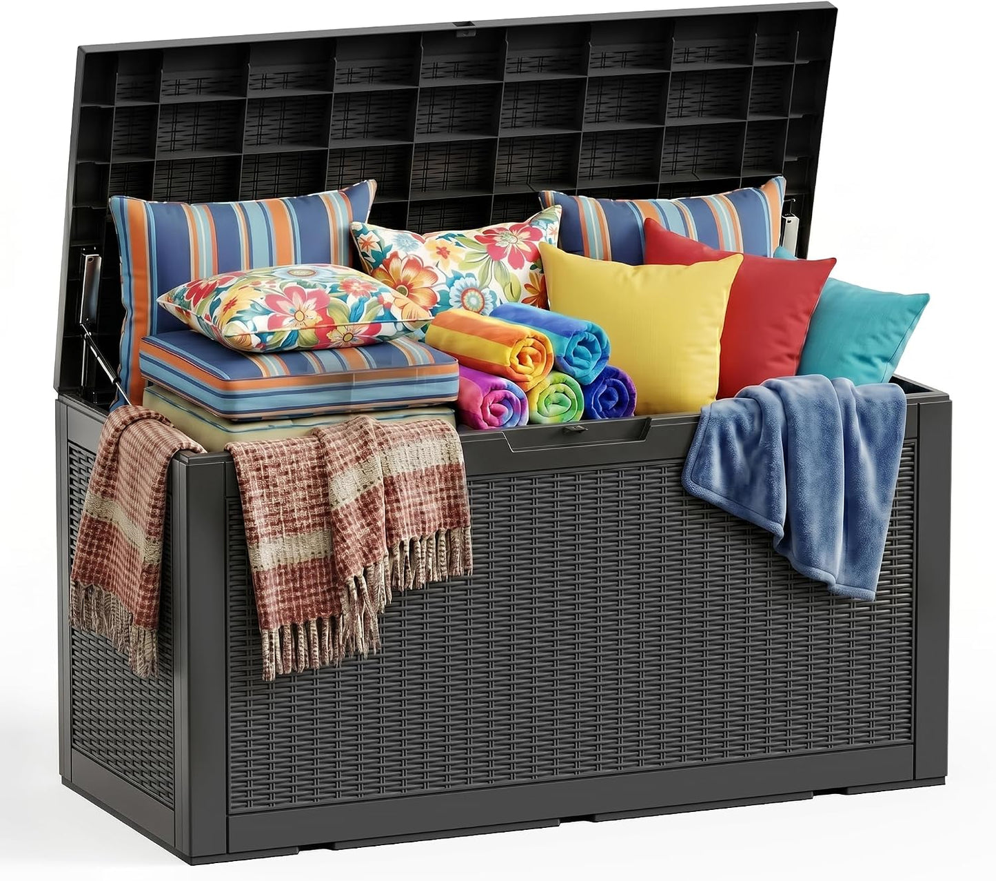 ROJIK 120 Gallon Waterproof Outdoor Deck Storage Box, Lockable Resin Patio Storage Bin with Lid for Garden Tools, Patio Cushions & Outdoor Accessories(Black)