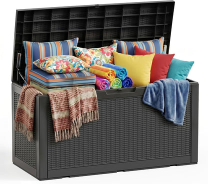 ROJIK 120 Gallon Waterproof Outdoor Deck Storage Box, Lockable Resin Patio Storage Bin with Lid for Garden Tools, Patio Cushions & Outdoor Accessories(Black)