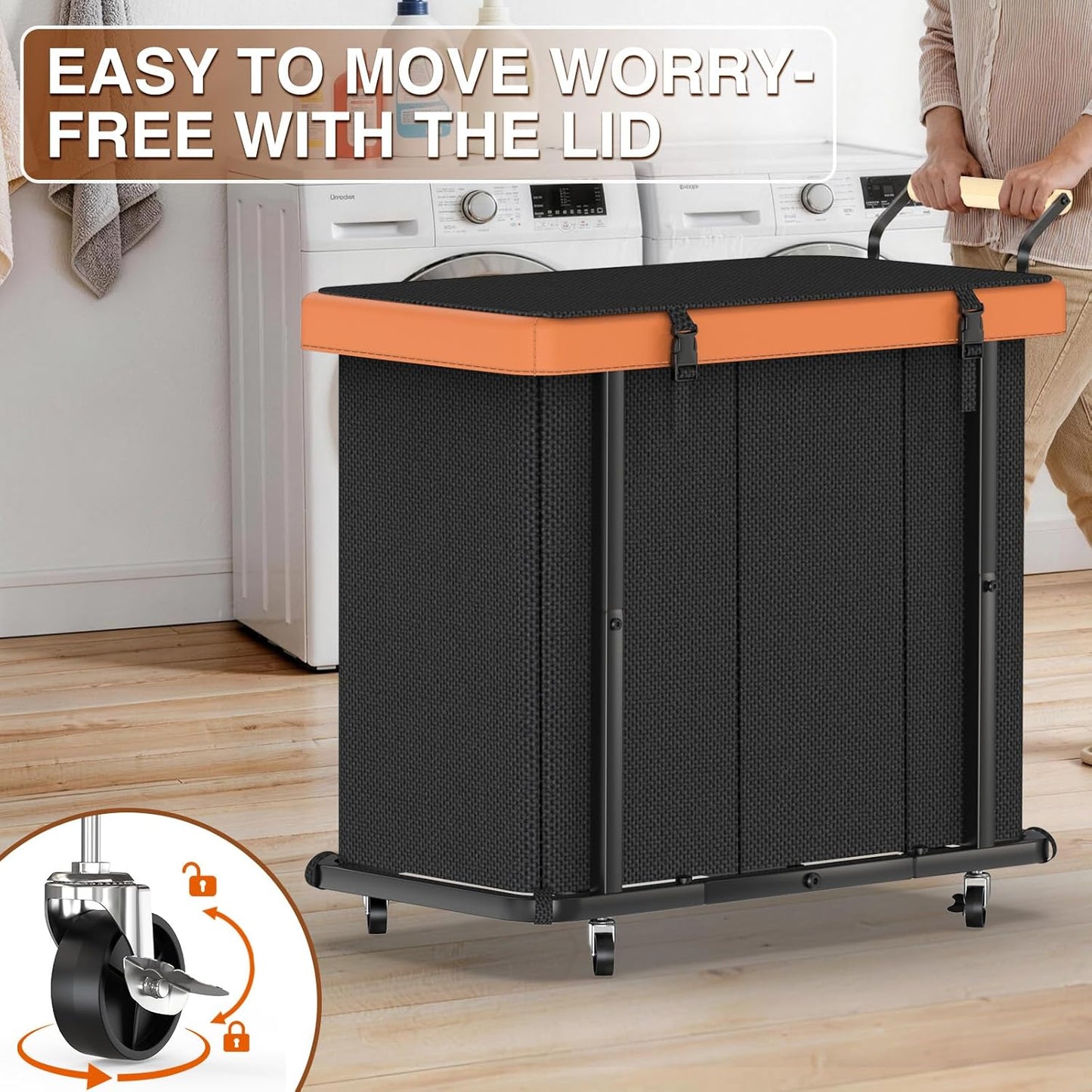 Rolling Laundry Hamper with Wheels, Laundry Hamper 3 Section with Lid, Laundry Basket with Rolling Lockable Wheels and Handle, Laundry Basket Organizer for Laundry Room, Bedroom 230L Black