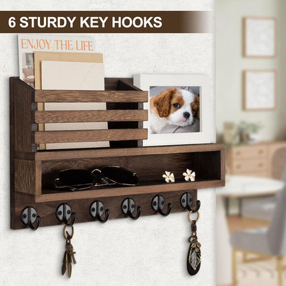 Key and Mail Holder Wall Mount, Key Hanger with Long Storage Box and 5 Hooks for Coat, Dog Leash, Home Decor Rack, House Accessories, Entry Way Organizer 11.8”W x 7.8”H x 3.2”D