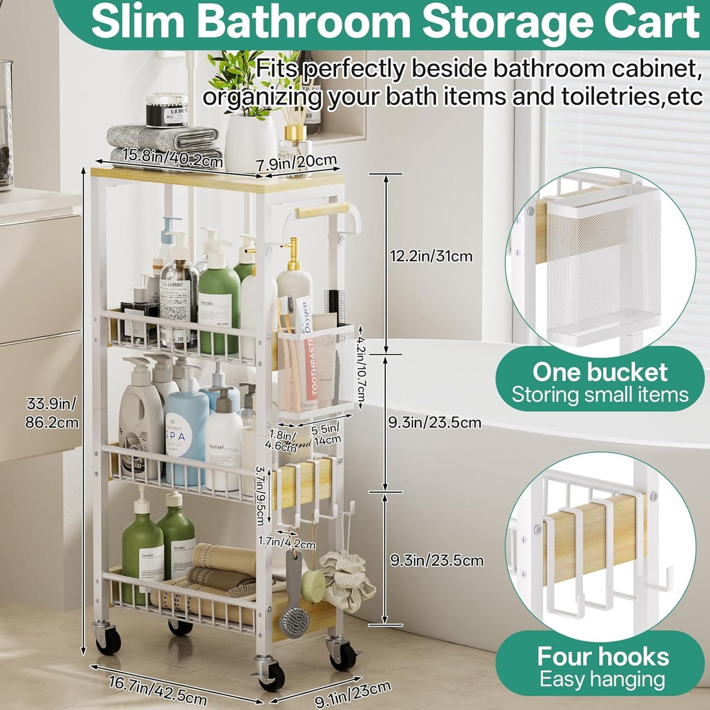 DTUQYX Slim Rolling Storage Cart, 4 Tier Small Organizer Cart with Wheels, Metal Utility Shelf Kitchen Bathroom Laundry Room Organization Trolley with Handle for Narrow Space (9.1" W Metal Basket)