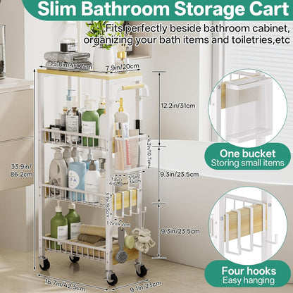 DTUQYX Slim Rolling Storage Cart, 4 Tier Small Organizer Cart with Wheels, Metal Utility Shelf Kitchen Bathroom Laundry Room Organization Trolley with Handle for Narrow Space (9.1" W Metal Basket)