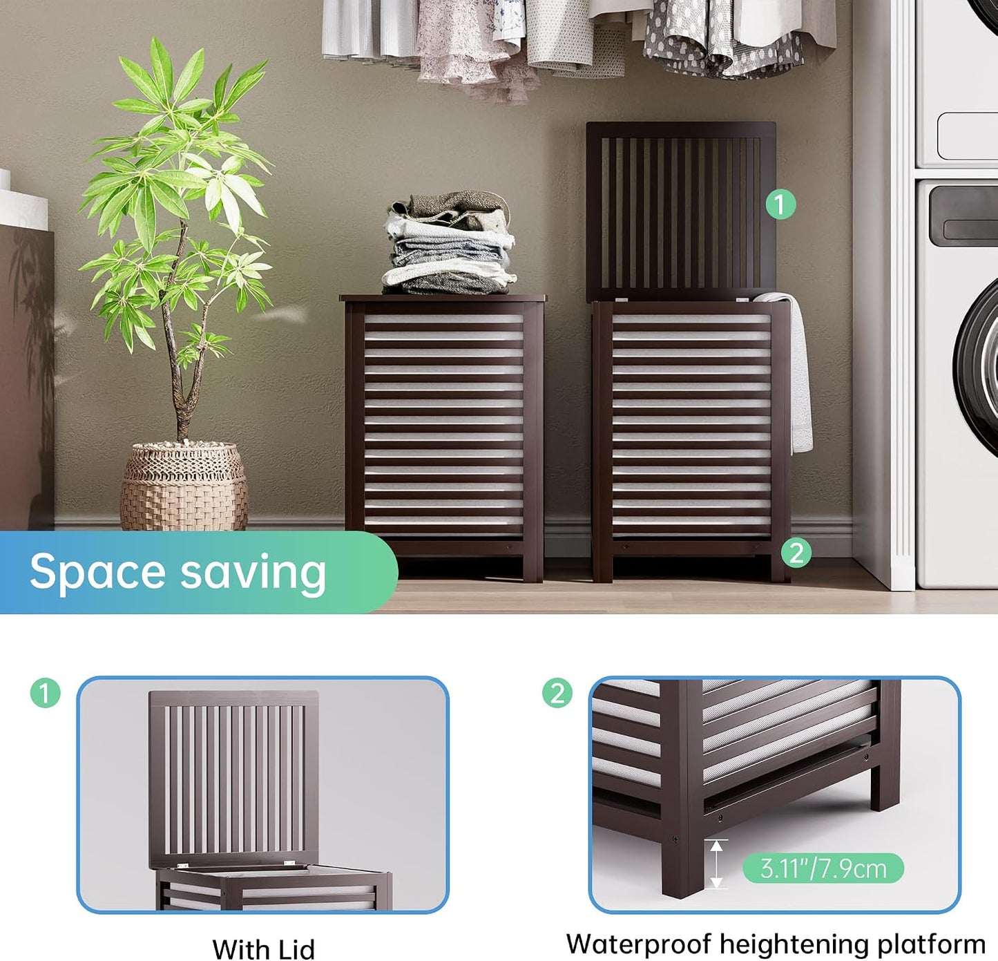 SMIBUY Double Laundry Hamper with Lid, 120L Bamboo Laundry Basket with Removable Liner Bag, 2-Section Clothes Divider Laundry Sorter for Laundry Room, Bathroom, Bedroom (Walnut)