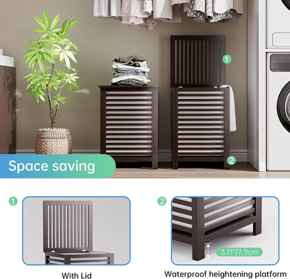 SMIBUY Double Laundry Hamper with Lid, 120L Bamboo Laundry Basket with Removable Liner Bag, 2-Section Clothes Divider Laundry Sorter for Laundry Room, Bathroom, Bedroom (Walnut)