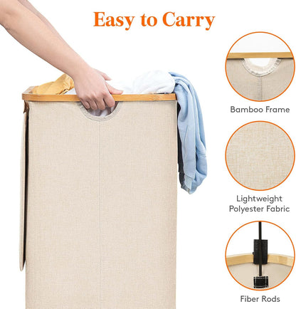 Lifewit 120L Laundry Basket with Lid, Clothes Hampers for Laundry with Bamboo Handles and 2 Removable Bag, Large Foldable Laundry Hamper for Bedroom, Bathroom, Dorm, Laundry Room, Beige