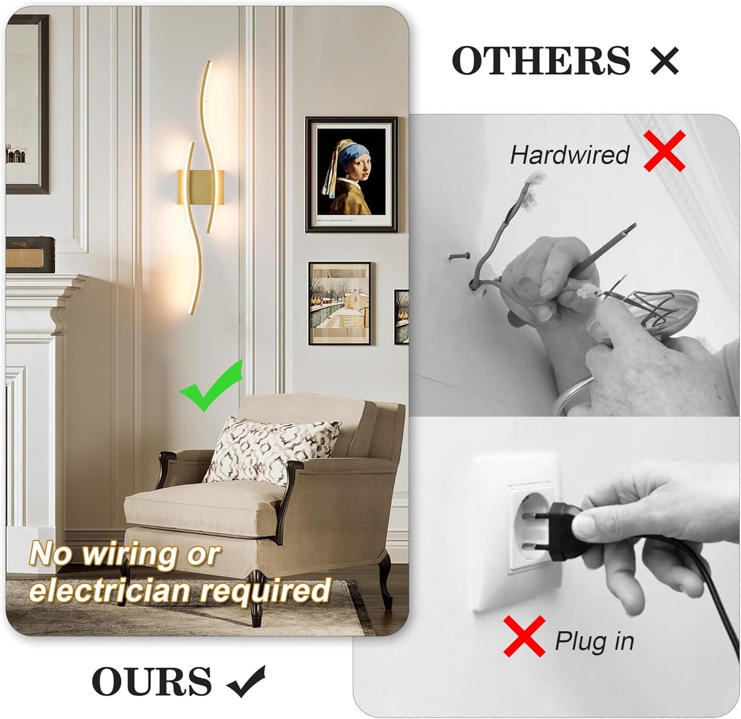 KARTOOSH Battery Operated Wall Sconces Set of Two with Remote Control, Dimmable/3 Colors/Night-Light/Timer/Memory, Gold Modern Wireless LED Sconce for Living Room, Hallway, Bedroom, 27.5 Inch (2 Pack)