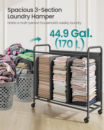 SONGMICS 3-Section Laundry Sorter, Laundry Hamper with Wheels, Rolling Clothes Hamper Cart with Large Capacity and Removable Bags, for Laundry Room, Bedroom, Bathroom, Ink Black URLS330B01