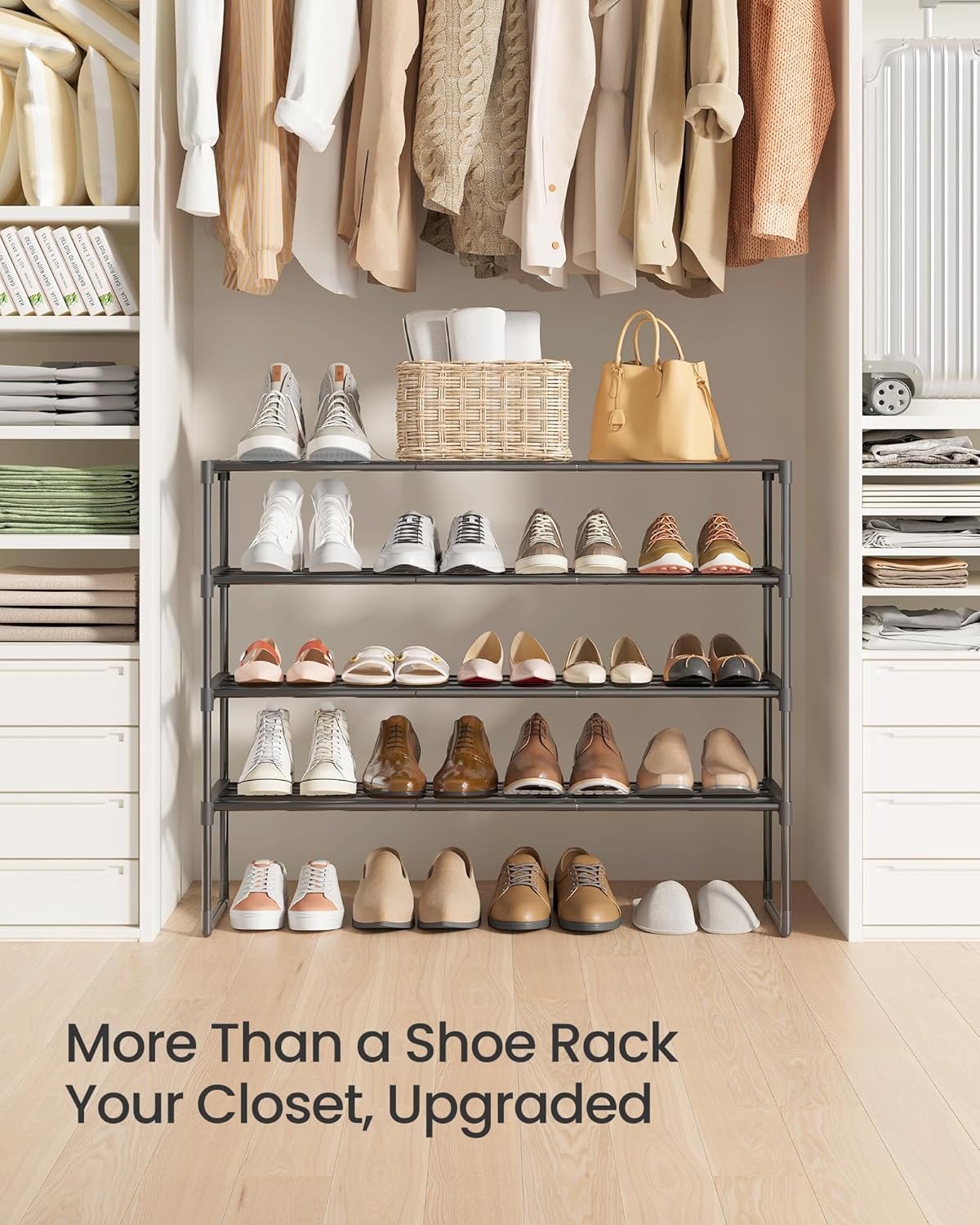 SONGMICS Shoe Rack, 6-Tier Shoe Organizer, Metal Storage Shelf, Upright or Upside Down, for 24-30 Pairs, Stackable, for Entryway, 11.8 x 36.2 x 42.7 Inches, Black ULSA306BH01