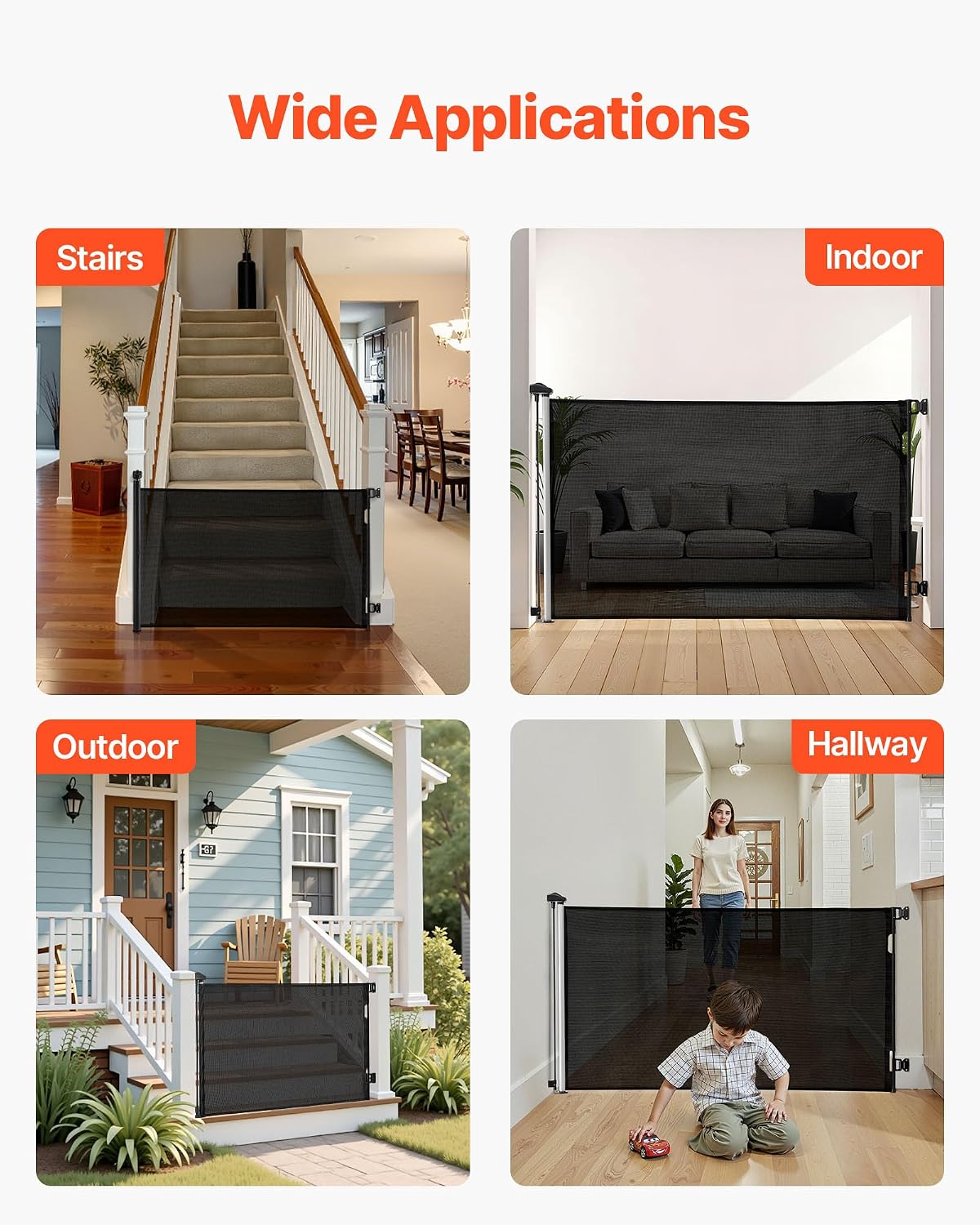 VEVOR Retractable Baby Gate, Extends to 202.7 inch Extra Wide, 39 inch Tall, with Reinforced Fiberglass Strips, Avoids Crawling Through, Mesh Dog Gate for Decks, Doorways, Garages, Indoor, Black