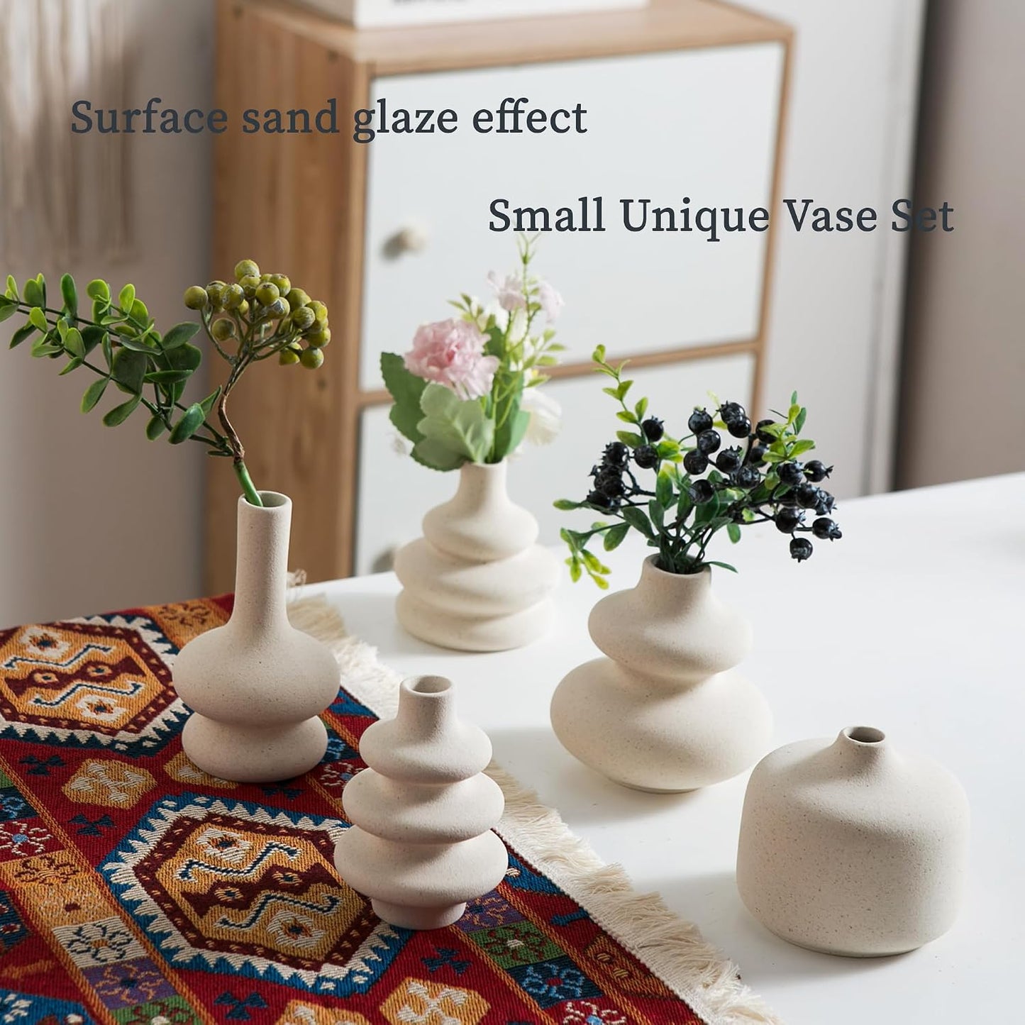 Small White Ceramic Vases Set of 5, Mini Decorative Boho Vases for Flower, Wedding & Home Decor