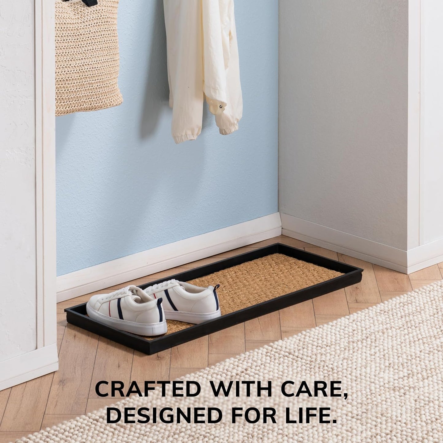 Anji Mountain Heavy Duty Waterproof Rubber Shoe Storage Mat Organizer/Boot Storage Tray Multi Use For Entryway with Coir, Tan and Khaki Insert , Fits 4 Pair (46.5" Wide)