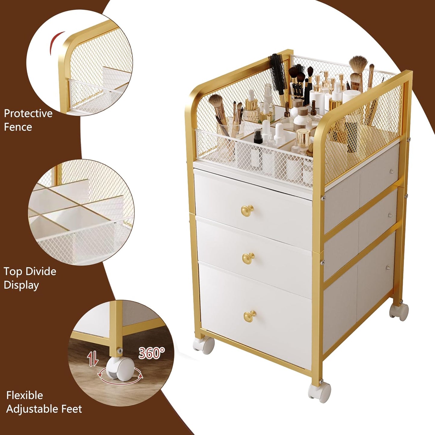Rolling Makeup Organizer Cart with 3 Drawers, Under Desk Vanity Makeup Storage Cart, Bathroom Storage Cart Cosmetic Display Cases Cabinet for Nail Polish, Brushes & Hair Tools, Gold