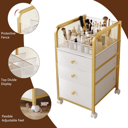 Rolling Makeup Organizer Cart with 3 Drawers, Under Desk Vanity Makeup Storage Cart, Bathroom Storage Cart Cosmetic Display Cases Cabinet for Nail Polish, Brushes & Hair Tools, Gold