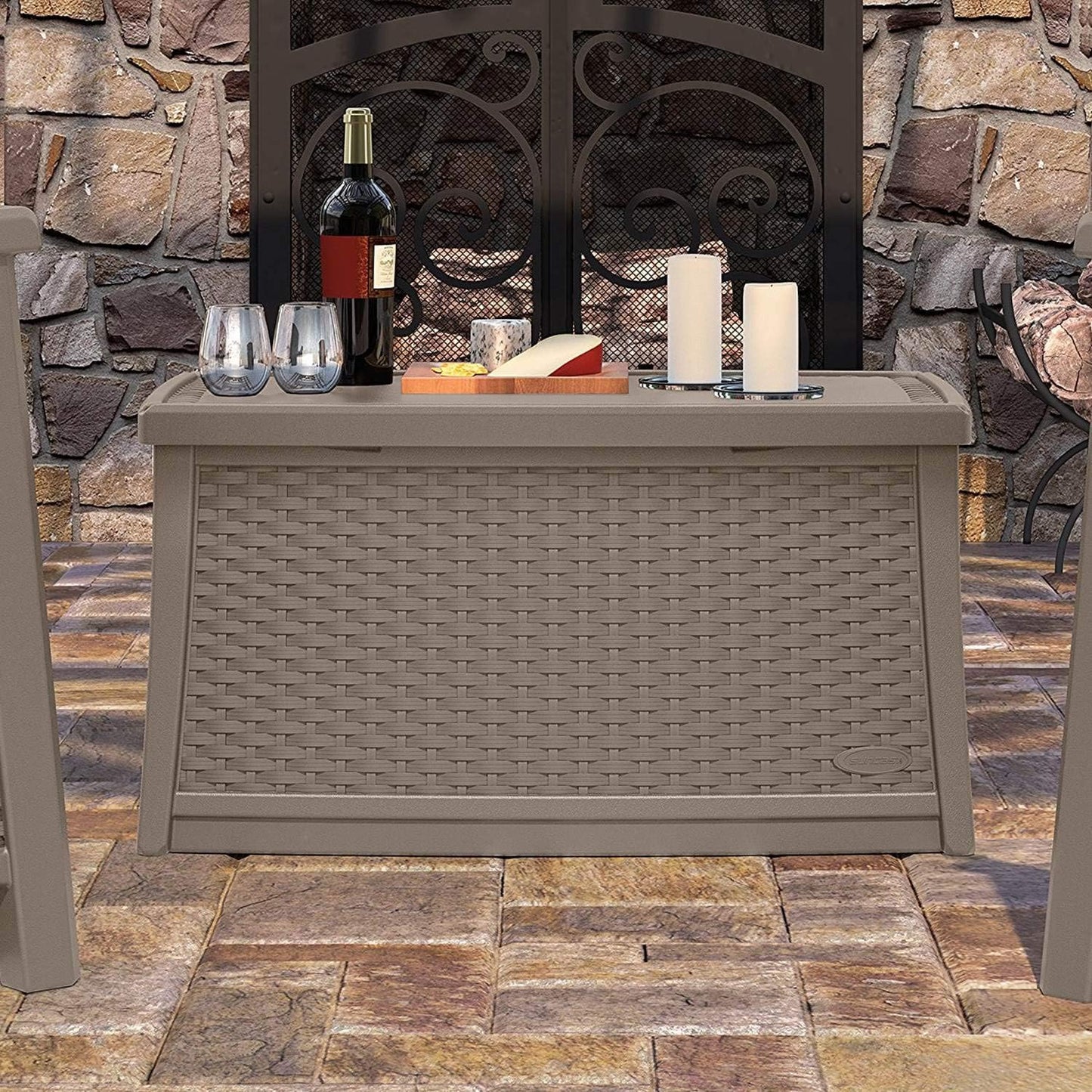 Suncast 30 Gallon Resin Outdoor Patio End Table Storage Box, Java, Made in the USA