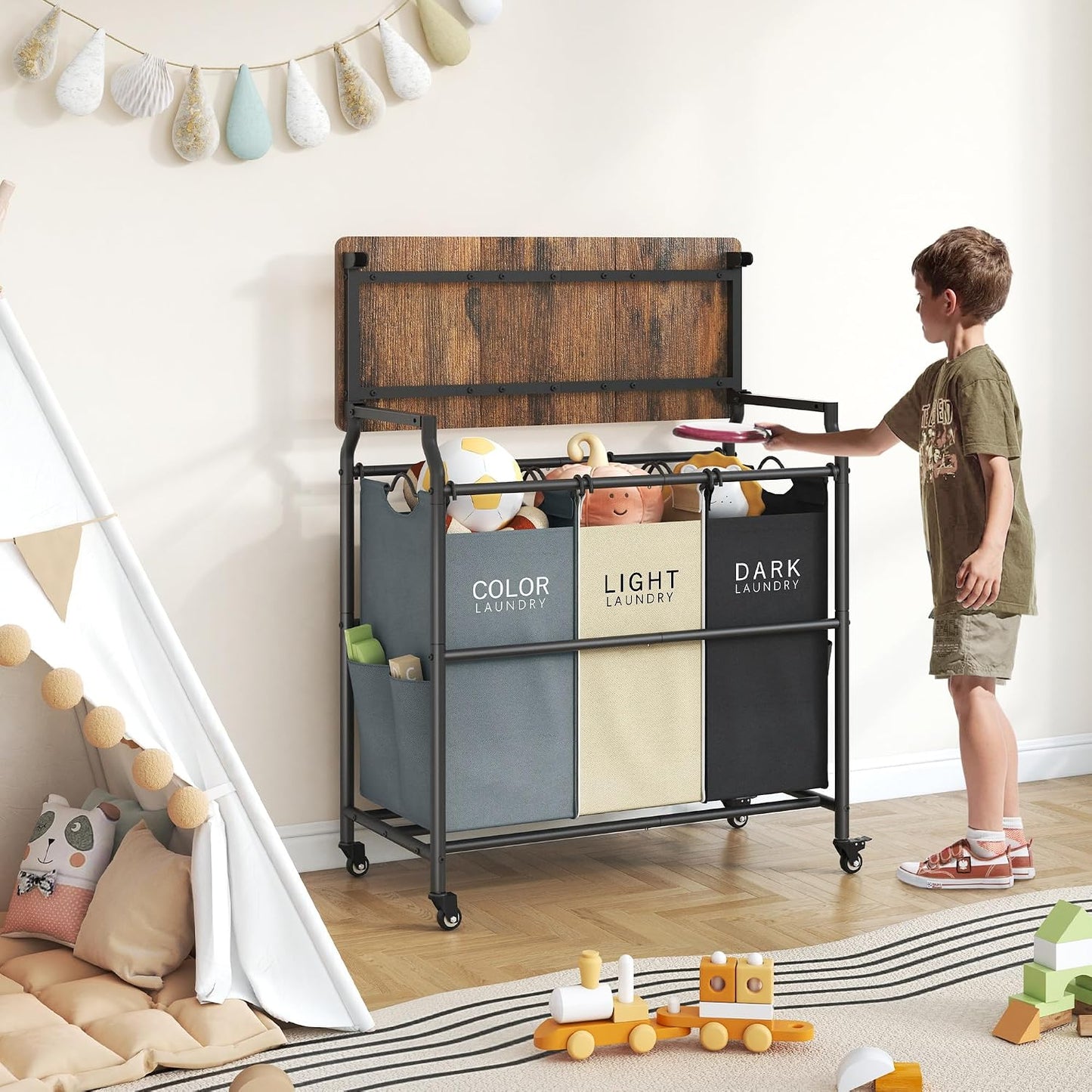 Hoctieon 3 Section Laundry Sorter Cart with Ironing Board, Laundry Hamper with Shelf and Rolling Wheels, Heavy Duty Laundry Basket Organizer, Large Clothes Separator Hamper with Removable Bags, Black