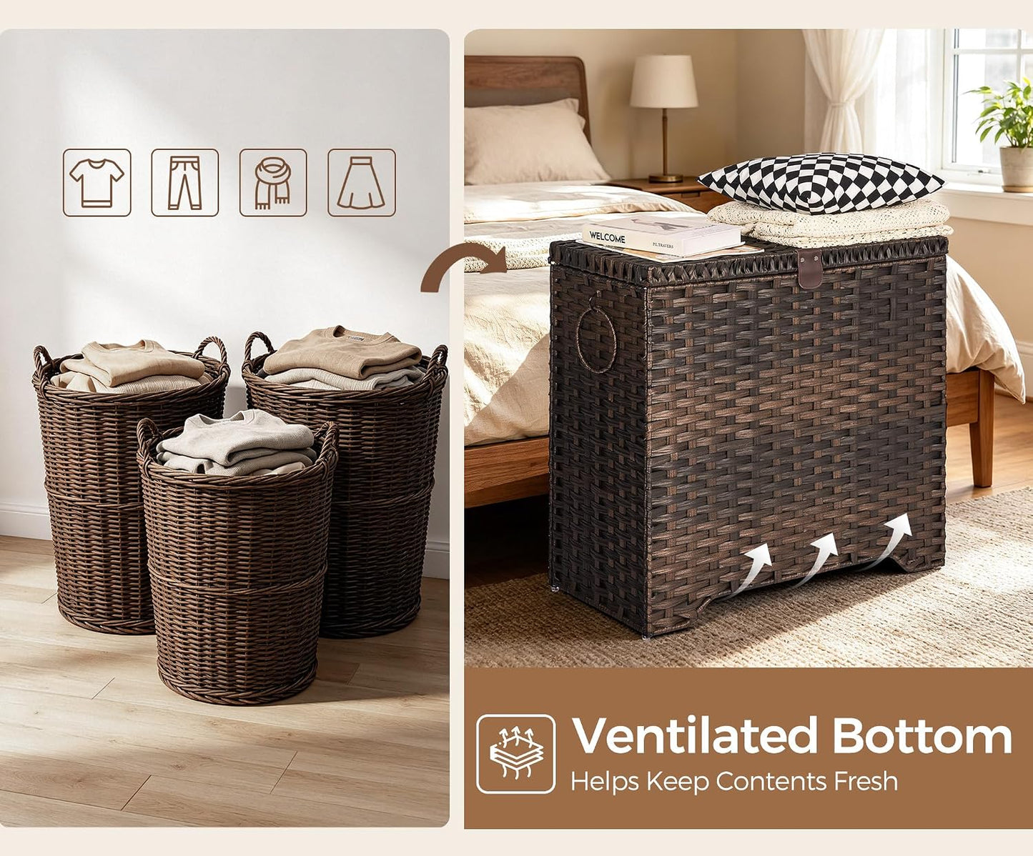 130L Laundry Hamper with Lid, 3 Section Laundry Hamper with 3 Removable Liner Bags, Large Wicker Laundry Basket with 4 Mesh Laundry Bags, Clothes Hamper for Laundry Room, Bedroom, Bathroom