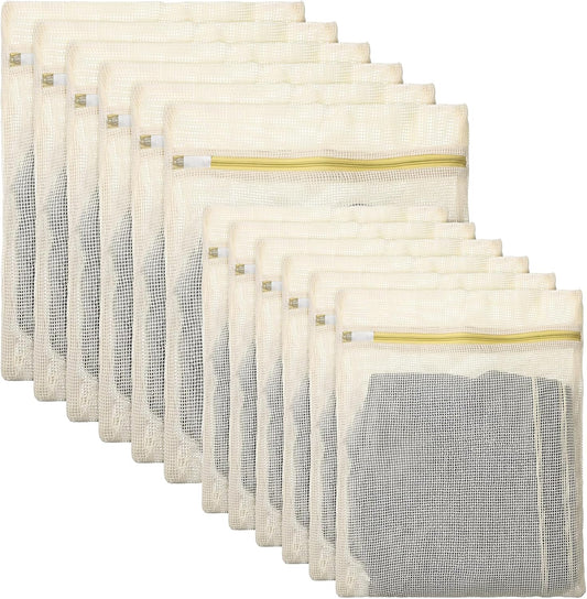12 Pcs Organic Cotton Mesh Laundry Bags for Delicates | 6 Large & 6 Medium Size Durable Mesh Wash Bags with Sturdy Zipper and Breathable Mesh for Underwear, Clothes, Shoes, Socks